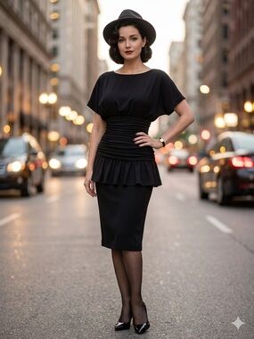 Vintage  Jane singer Elegant Black Peplum Waist Dress for Women  size 8
